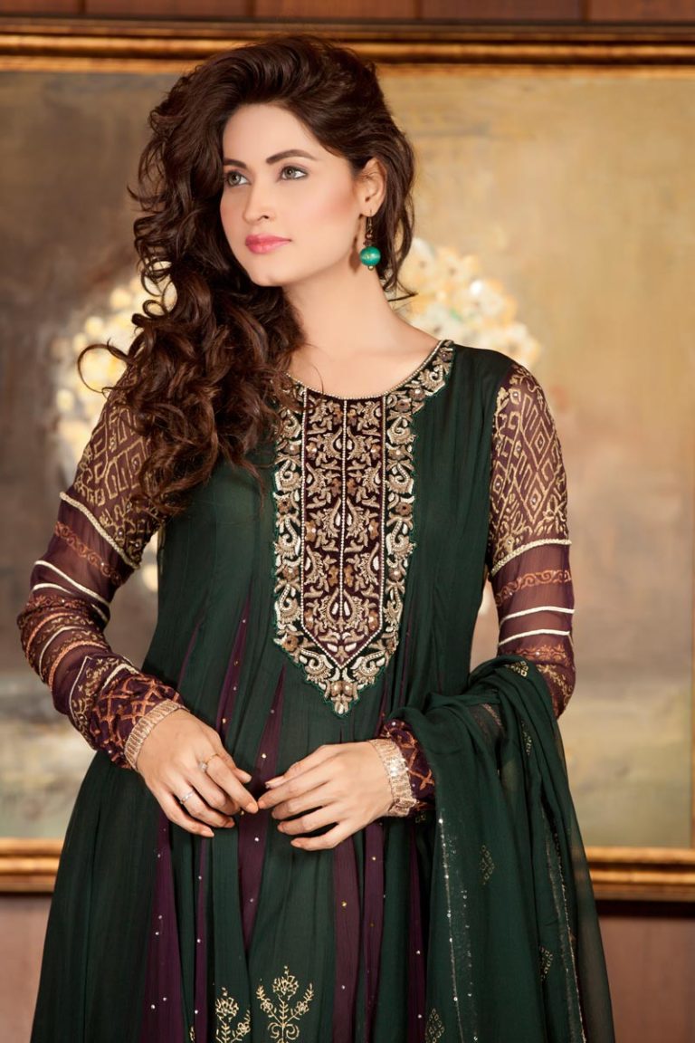 Green Color Pakistani Party Dress Crayon 