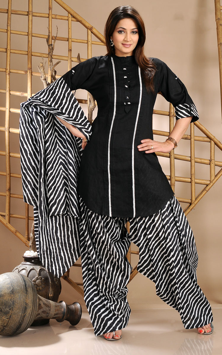 Off White and Black Cotton Salwar Kameez Crayon