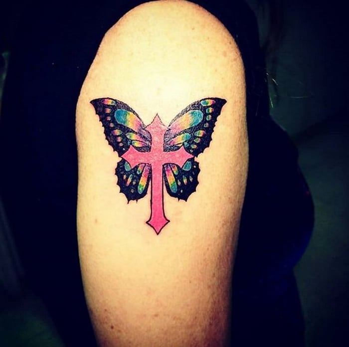Tattoo uploaded by Mackenzies Tattoo Ink  Butterfly tattoo by Samantha  1sttattoo butterfly faith blackwork wings cross tattoobliss   Tattoodo