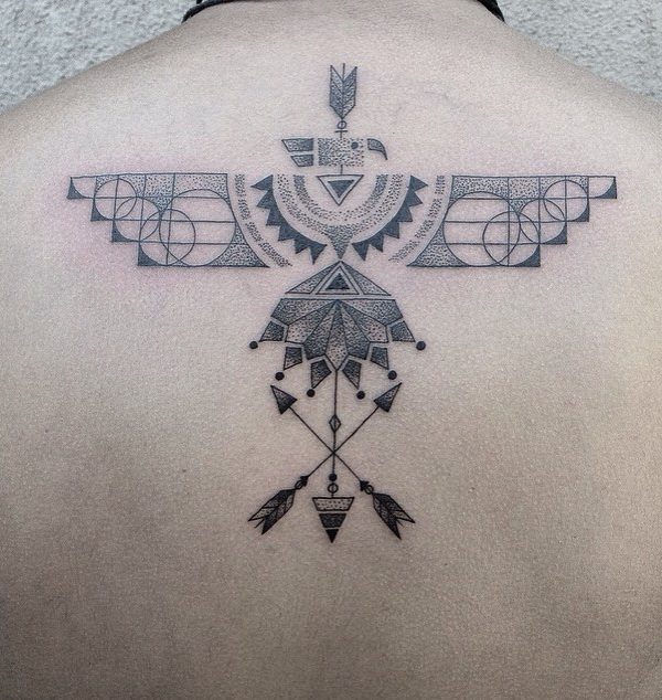 Black Outline Geometric Flying Bird Tattoo On Man Left Front Shoulder